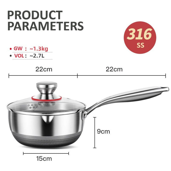 22cm 316L Stainless Steel Saucepan Compound Steel Honeycomb Nonstick Sauce Pan with Glass Lid 2.7L Pot Stay - Cool Handle Multipurpose Milk Saucepan, Induction Capable and Gas Stove - Amazingooh Wholesale
