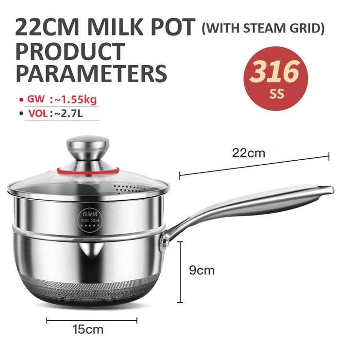 22cm 316L Stainless Steel Saucepan Compound Steel Honeycomb Nonstick Sauce Pan with Glass Lid 2.7L Pot Stay - Cool Handle Multipurpose Milk Saucepan, Induction Capable and Gas Stove - Amazingooh Wholesale