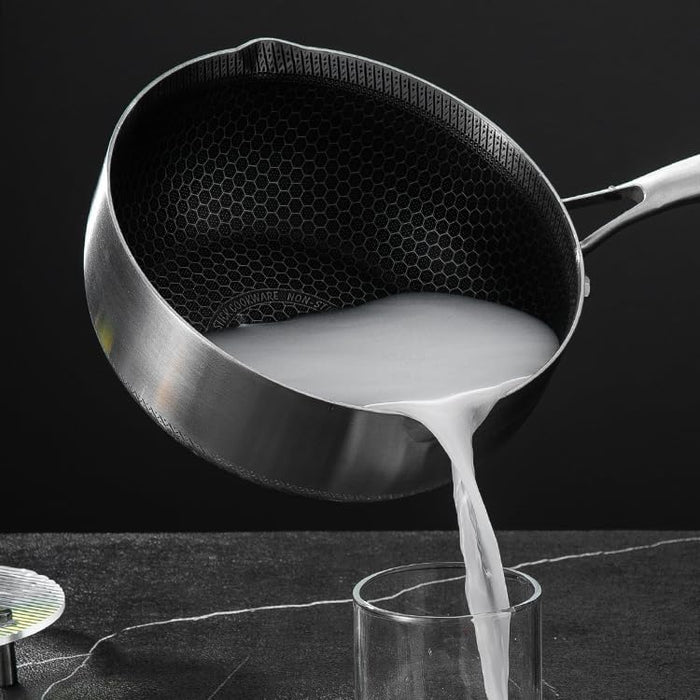 24cm 316L Stainless Steel Saucepan Compound Steel Honeycomb Nonstick Sauce Pan with Glass Lid 3.2L Pot Stay - Cool Handle Multipurpose Milk Saucepan, Induction Capable and Gas Stove - Amazingooh Wholesale