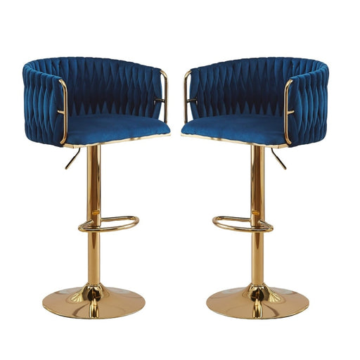 2x Height Adjustable Blue Swivel Bar Stool Velvet Golden Round Base Barstools Chairs - Amazingooh Wholesale