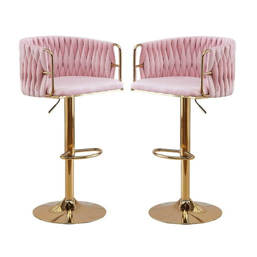 2x Height Adjustable Pink Swivel Bar Stool Velvet Golden Round Base Barstools Chairs - Amazingooh Wholesale