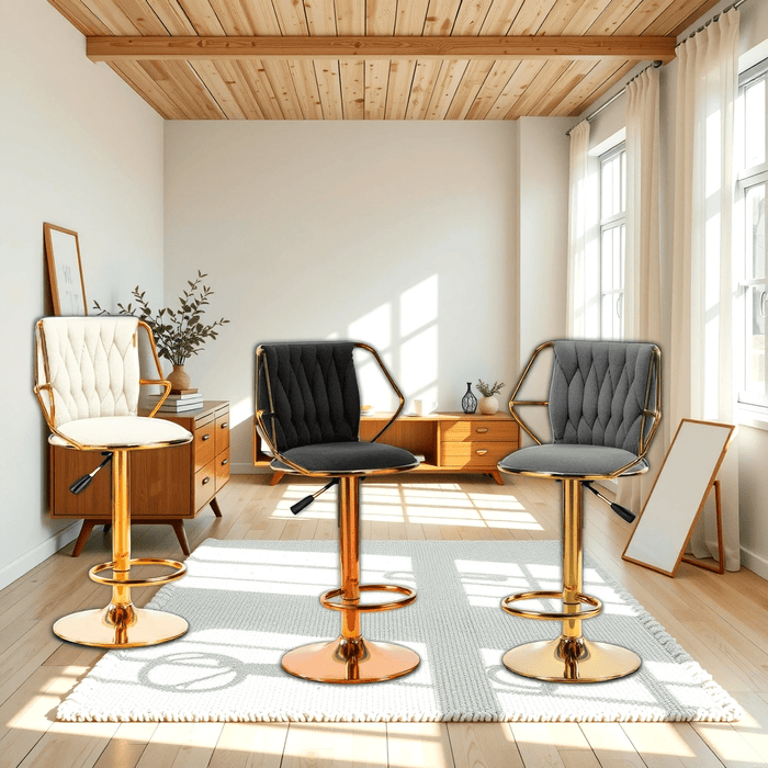 2x Height Velvet Padded Golden Round Base Barstools Chairs with Backrest and Footrest - BEIGE - Amazingooh Wholesale