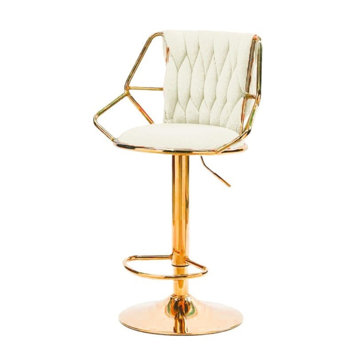 2x Height Velvet Padded Golden Round Base Barstools Chairs with Backrest and Footrest - BEIGE - Amazingooh Wholesale