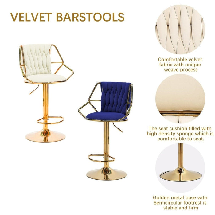 2x Height Velvet Padded Golden Round Base Barstools Chairs with Backrest and Footrest - BEIGE - Amazingooh Wholesale