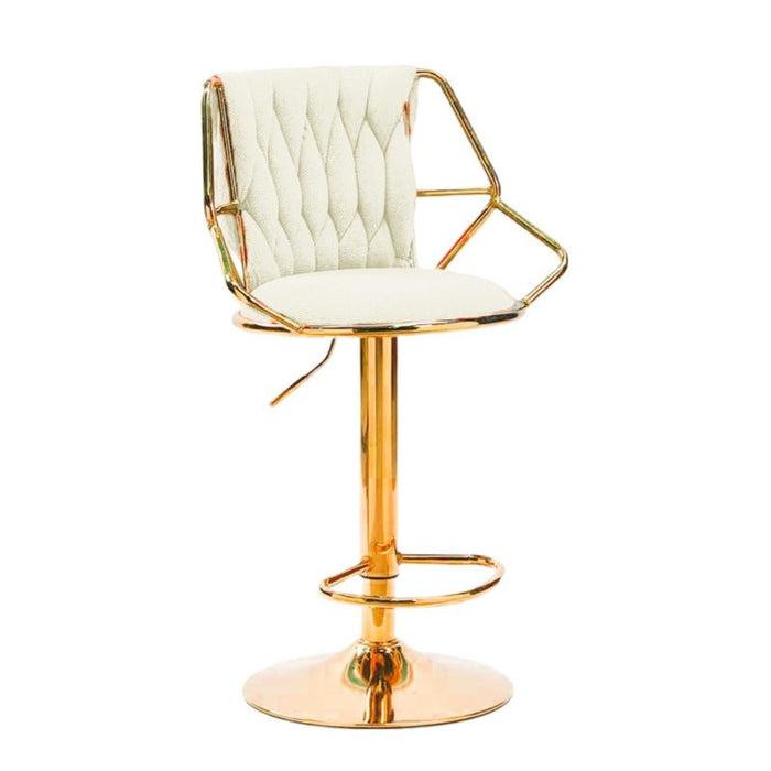 2x Height Velvet Padded Golden Round Base Barstools Chairs with Backrest and Footrest - BEIGE - Amazingooh Wholesale