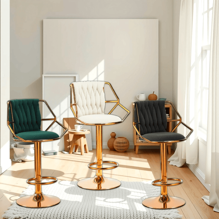 2x Height Velvet Padded Golden Round Base Barstools Chairs with Backrest and Footrest - BLACK - Amazingooh Wholesale