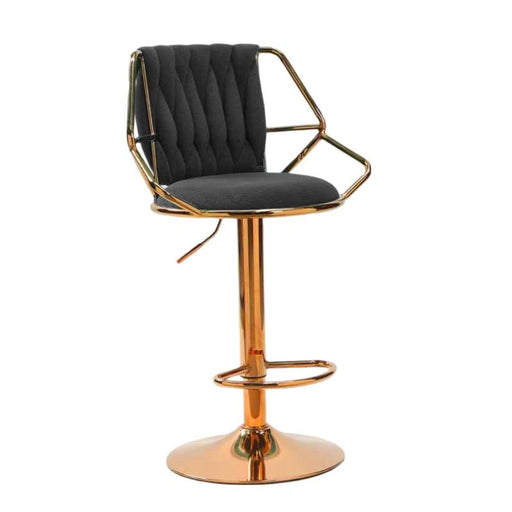 2x Height Velvet Padded Golden Round Base Barstools Chairs with Backrest and Footrest - BLACK - Amazingooh Wholesale