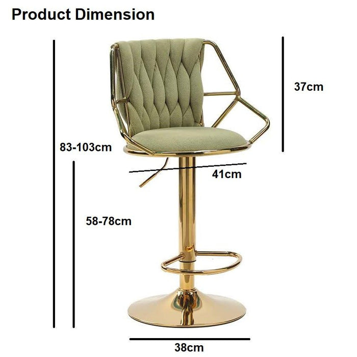 2x Height Velvet Padded Golden Round Base Barstools Chairs with Backrest and Footrest - GREEN - Amazingooh Wholesale