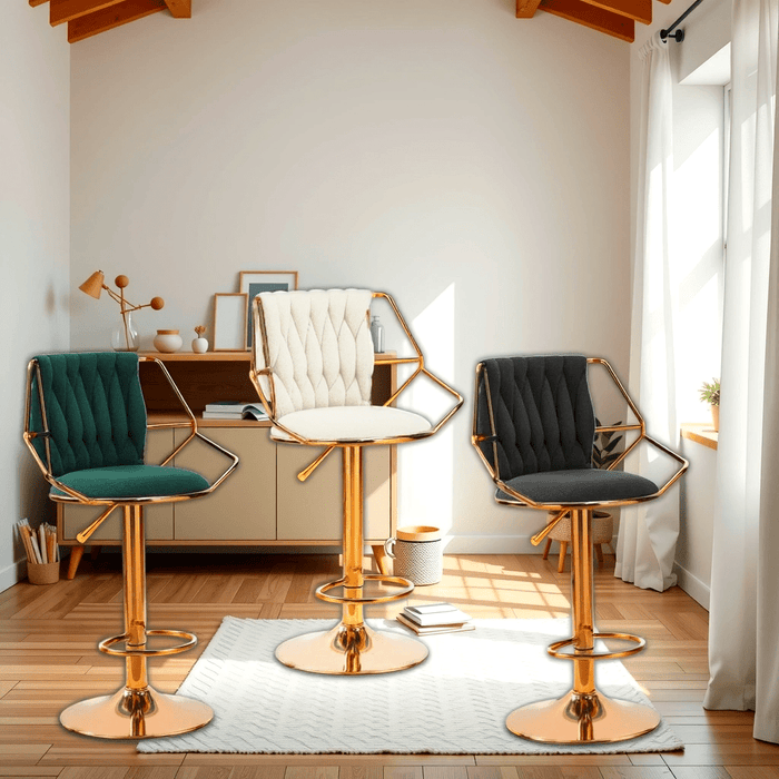 2x Height Velvet Padded Golden Round Base Barstools Chairs with Backrest and Footrest - GREEN - Amazingooh Wholesale