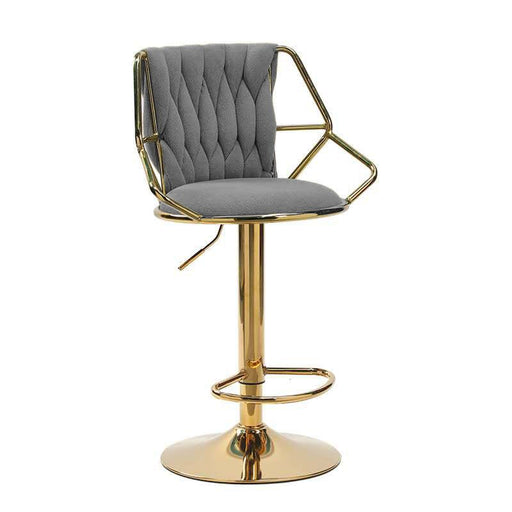 2x Height Velvet Padded Golden Round Base Barstools Chairs with Backrest and Footrest - GREY - Amazingooh Wholesale