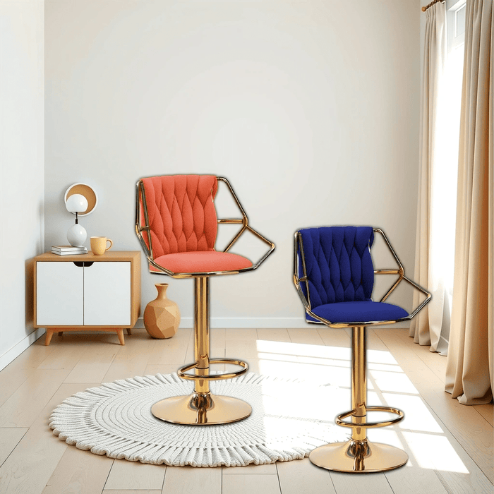 2x Height Velvet Padded Golden Round Base Barstools Chairs with Backrest and Footrest - ORANGE - Amazingooh Wholesale