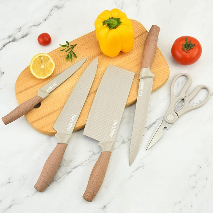 6-Piece Kitchen Knife Set Non-Stick Stainless Steel Blades with Universal Knife Block - Amazingooh Wholesale