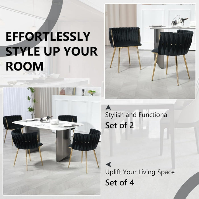 Black Modern Hand Weaving Dining Chairs,Velvet Upholstered Side Chairs with Gold Legs, Chic Vanity Chairs with Armrest, Accent Chair for Dining Room, and Cafe Set of 2 - Amazingooh Wholesale