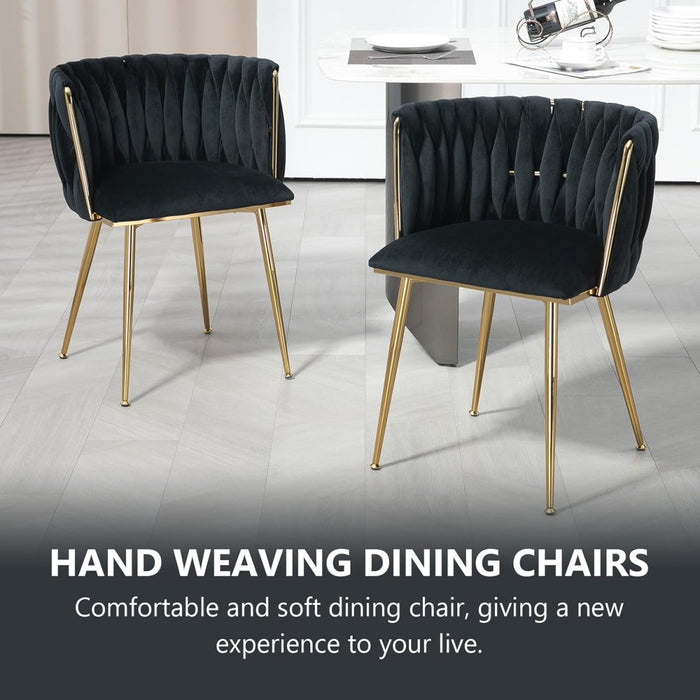 Black Modern Hand Weaving Dining Chairs,Velvet Upholstered Side Chairs with Gold Legs, Chic Vanity Chairs with Armrest, Accent Chair for Dining Room, and Cafe Set of 2 - Amazingooh Wholesale