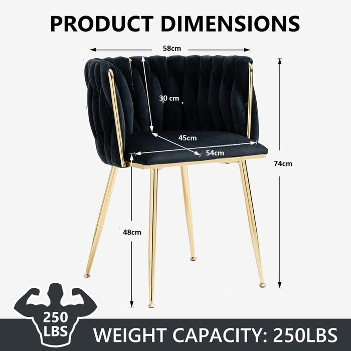 Black Modern Hand Weaving Dining Chairs,Velvet Upholstered Side Chairs with Gold Legs, Chic Vanity Chairs with Armrest, Accent Chair for Dining Room, and Cafe Set of 2 - Amazingooh Wholesale