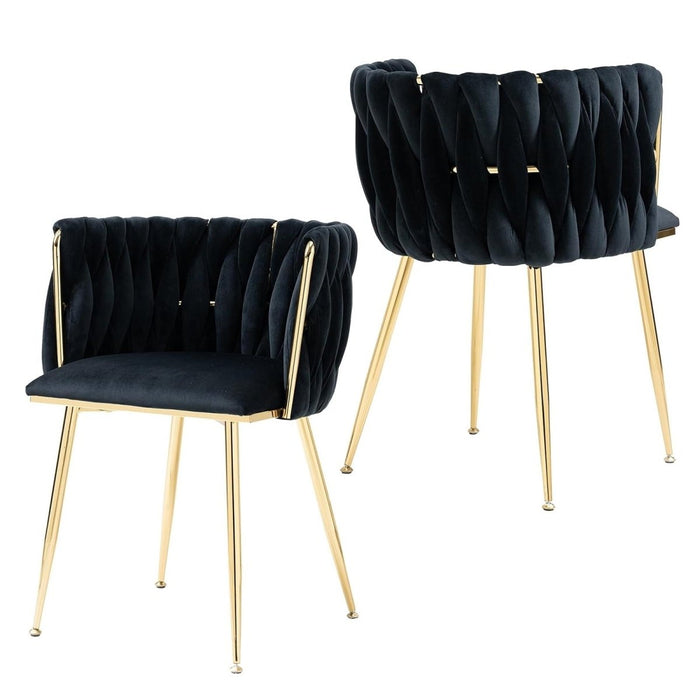 Black Modern Hand Weaving Dining Chairs,Velvet Upholstered Side Chairs with Gold Legs, Chic Vanity Chairs with Armrest, Accent Chair for Dining Room, and Cafe Set of 2 - Amazingooh Wholesale