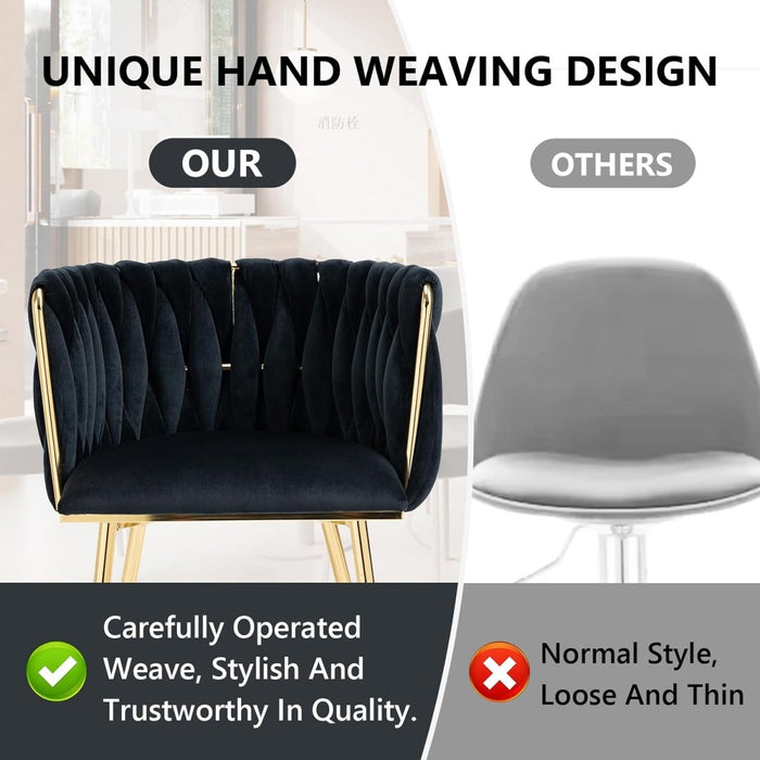 Black Modern Hand Weaving Dining Chairs,Velvet Upholstered Side Chairs with Gold Legs, Chic Vanity Chairs with Armrest, Accent Chair for Dining Room, and Cafe Set of 2 - Amazingooh Wholesale