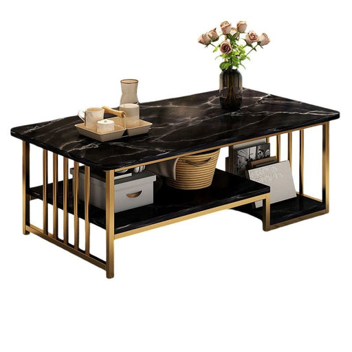 Coffee Table Faux Mable Tabletop 2 - Tier Storage Shelf Modern (Black Top/Gold Frame) - Amazingooh Wholesale