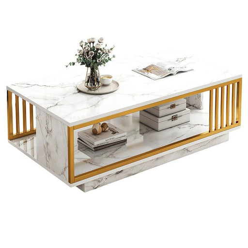 Coffee Table Faux Mable Tabletop 2 - Tier Storage Shelf Modern (White Top/Gold Frame) - Amazingooh Wholesale