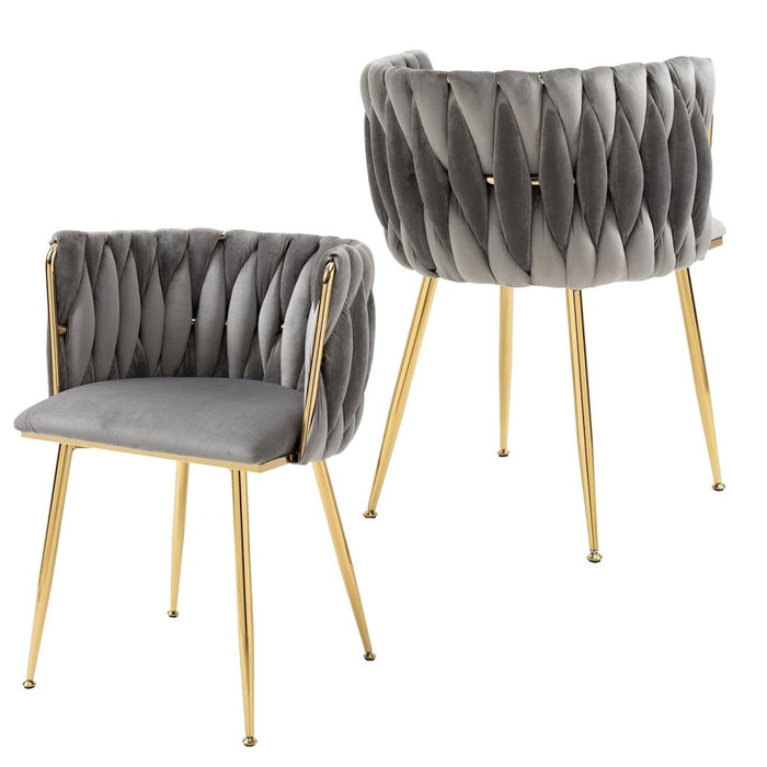 Grey Modern Hand Weaving Dining Chairs,Velvet Upholstered Side Chairs with Gold Legs, Chic Vanity Chairs with Armrest, Accent Chair for Dining Room, and Cafe Set of 2 - Amazingooh Wholesale