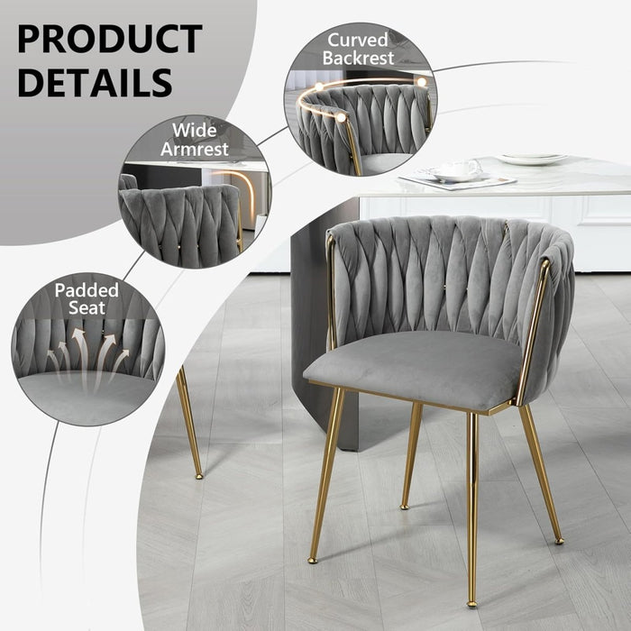 Grey Modern Hand Weaving Dining Chairs,Velvet Upholstered Side Chairs with Gold Legs, Chic Vanity Chairs with Armrest, Accent Chair for Dining Room, and Cafe Set of 2 - Amazingooh Wholesale