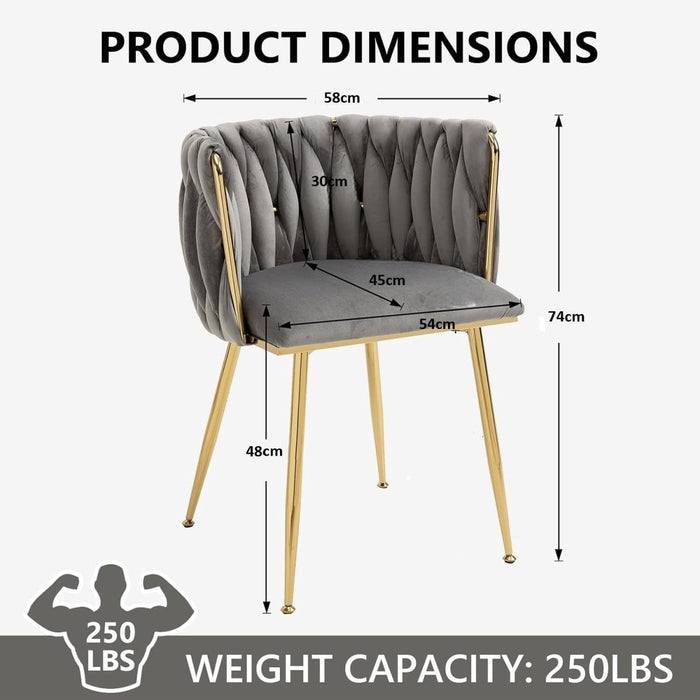 Grey Modern Hand Weaving Dining Chairs,Velvet Upholstered Side Chairs with Gold Legs, Chic Vanity Chairs with Armrest, Accent Chair for Dining Room, and Cafe Set of 2 - Amazingooh Wholesale