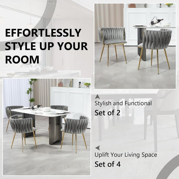 Grey Modern Hand Weaving Dining Chairs,Velvet Upholstered Side Chairs with Gold Legs, Chic Vanity Chairs with Armrest, Accent Chair for Dining Room, and Cafe Set of 2 - Amazingooh Wholesale