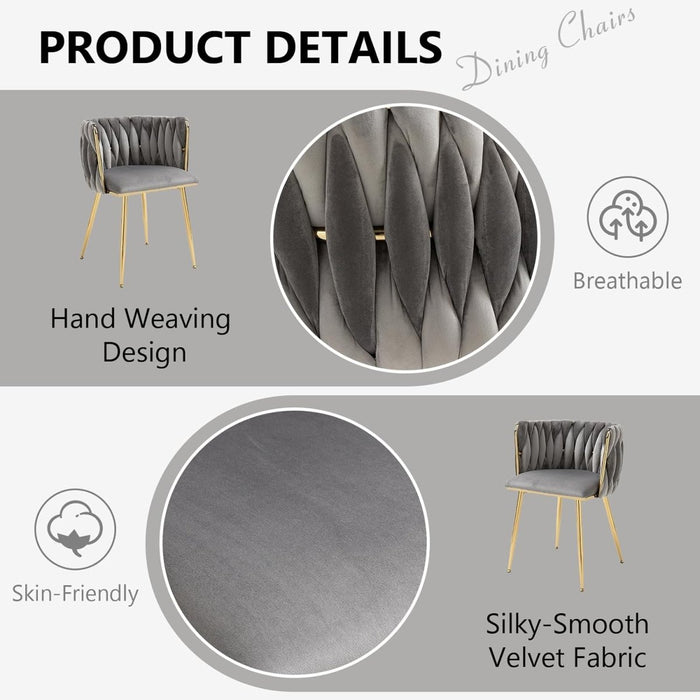 Grey Modern Hand Weaving Dining Chairs,Velvet Upholstered Side Chairs with Gold Legs, Chic Vanity Chairs with Armrest, Accent Chair for Dining Room, and Cafe Set of 2 - Amazingooh Wholesale