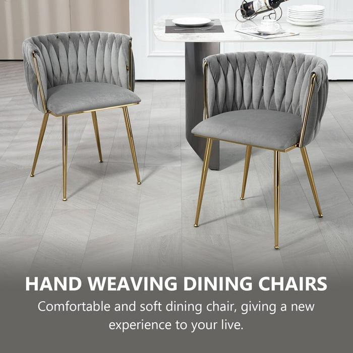 Grey Modern Hand Weaving Dining Chairs,Velvet Upholstered Side Chairs with Gold Legs, Chic Vanity Chairs with Armrest, Accent Chair for Dining Room, and Cafe Set of 2 - Amazingooh Wholesale