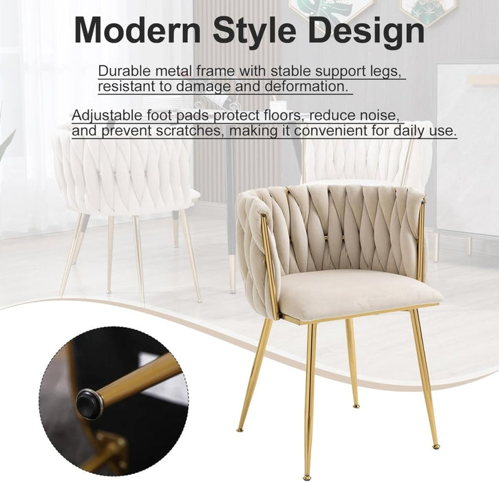 Ivory Modern Hand Weaving Dining Chairs,Velvet Upholstered Side Chairs with Gold Legs, Chic Vanity Chairs with Armrest, Accent Chair for Dining Room, and Cafe Set of 2 - Amazingooh Wholesale