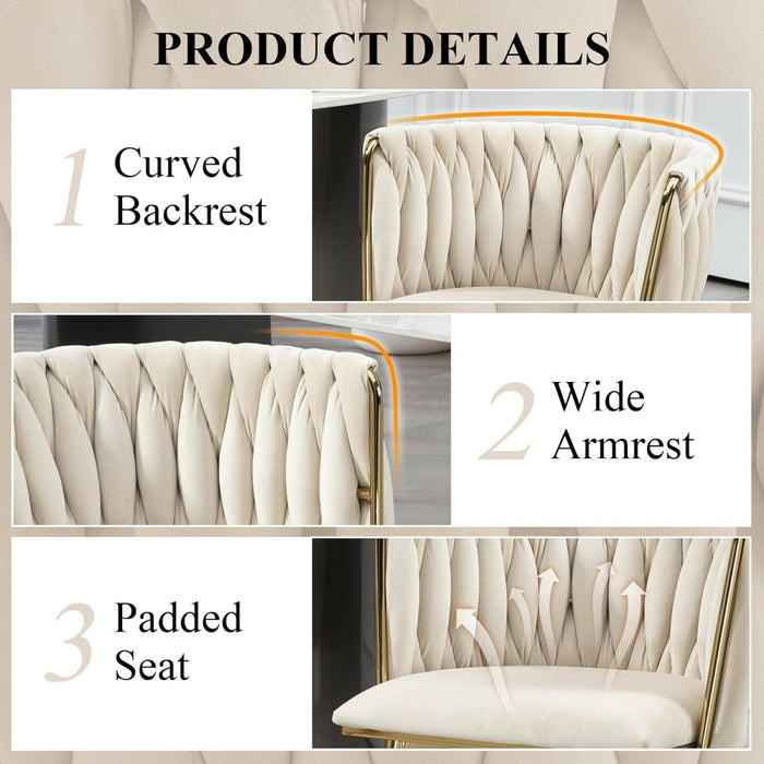 Ivory Modern Hand Weaving Dining Chairs,Velvet Upholstered Side Chairs with Gold Legs, Chic Vanity Chairs with Armrest, Accent Chair for Dining Room, and Cafe Set of 2 - Amazingooh Wholesale