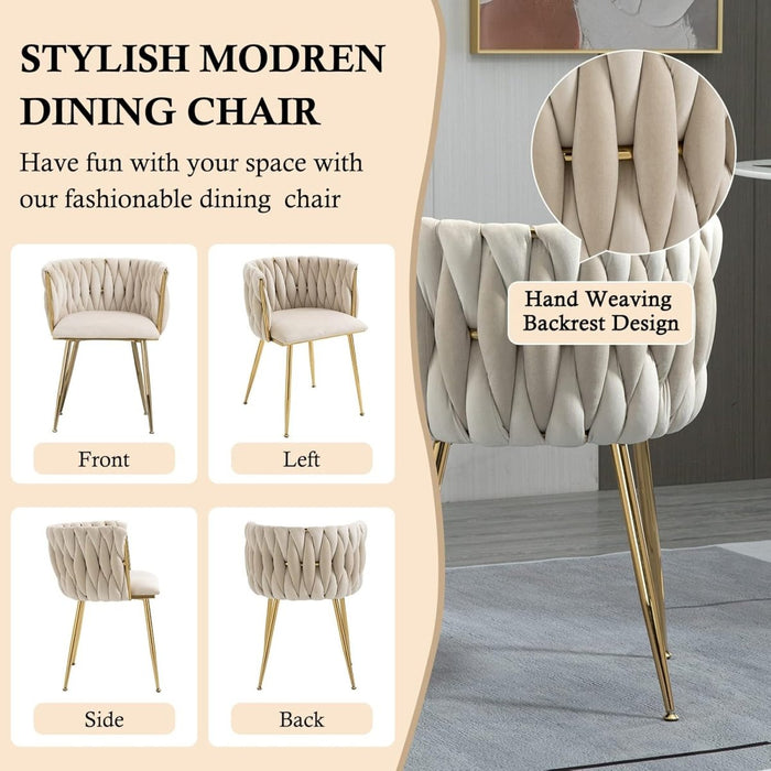 Ivory Modern Hand Weaving Dining Chairs,Velvet Upholstered Side Chairs with Gold Legs, Chic Vanity Chairs with Armrest, Accent Chair for Dining Room, and Cafe Set of 2 - Amazingooh Wholesale
