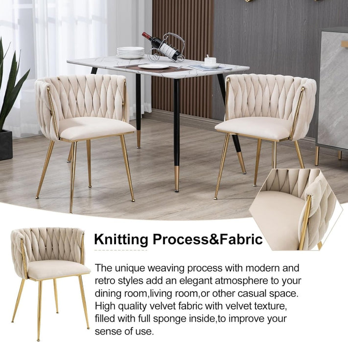Ivory Modern Hand Weaving Dining Chairs,Velvet Upholstered Side Chairs with Gold Legs, Chic Vanity Chairs with Armrest, Accent Chair for Dining Room, and Cafe Set of 2 - Amazingooh Wholesale