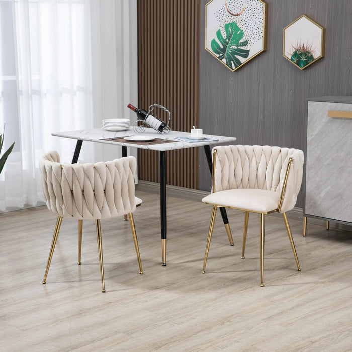 Ivory Modern Hand Weaving Dining Chairs,Velvet Upholstered Side Chairs with Gold Legs, Chic Vanity Chairs with Armrest, Accent Chair for Dining Room, and Cafe Set of 2 - Amazingooh Wholesale