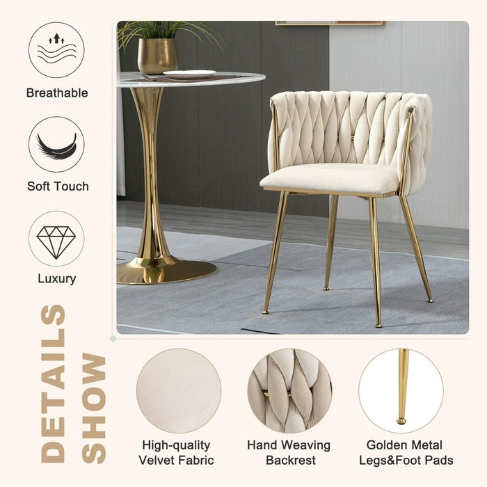 Ivory Modern Hand Weaving Dining Chairs,Velvet Upholstered Side Chairs with Gold Legs, Chic Vanity Chairs with Armrest, Accent Chair for Dining Room, and Cafe Set of 2 - Amazingooh Wholesale
