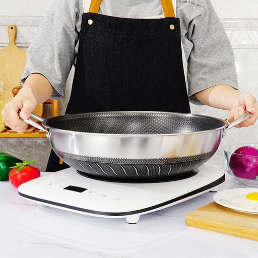 304 Stainless Steel 36cm Non-Stick Stir Fry Cooking Kitchen Wok Pan with Lid Honeycomb Double Sided - amazingooh