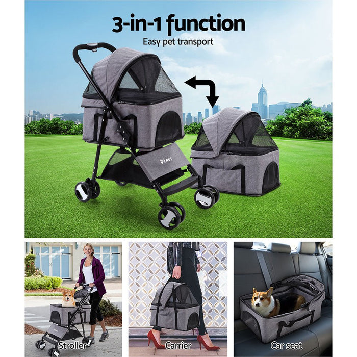 i.Pet Pet Stroller Dog Carrier Foldable Pram 3 IN 1 Middle Size Grey - Amazingooh Wholesale