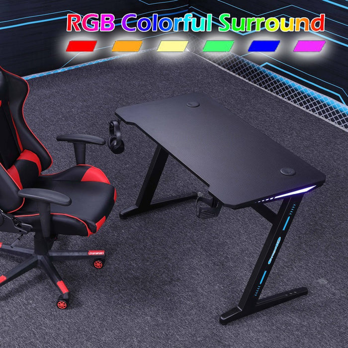 Rgb Gaming Desk Home Office Carbon Fiber Led Lights Game Racer Computer Pc Table Z Shaped Black 5563